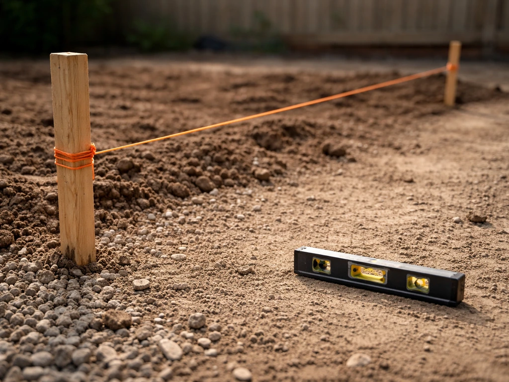 Close-up of stakes and string marking a patio perimeter on bare ground with a level reference