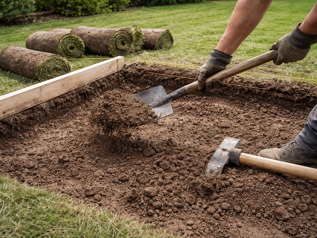 Contractor hand tools lifting sod and topsoil during patio excavation while checking ground level
