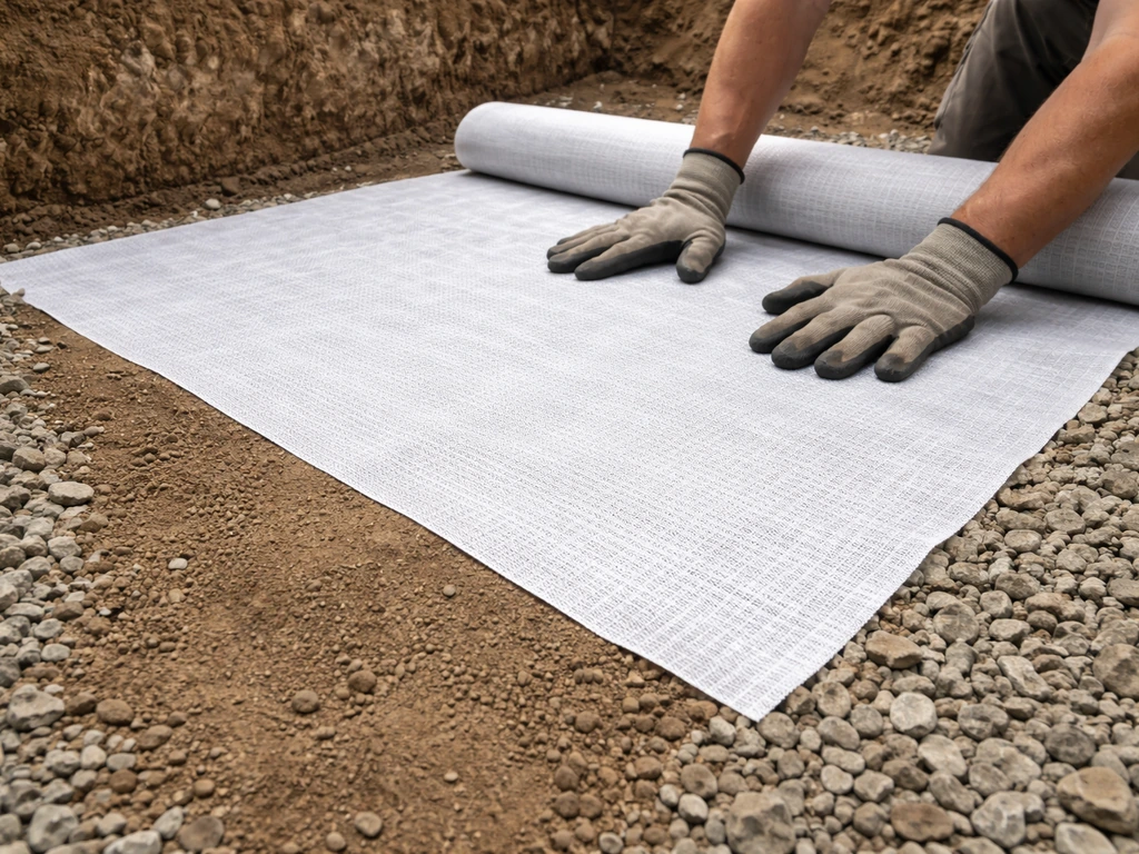 Geotextile laid in an excavated area with 3/4-inch minus crushed stone being spread over compacted soil.