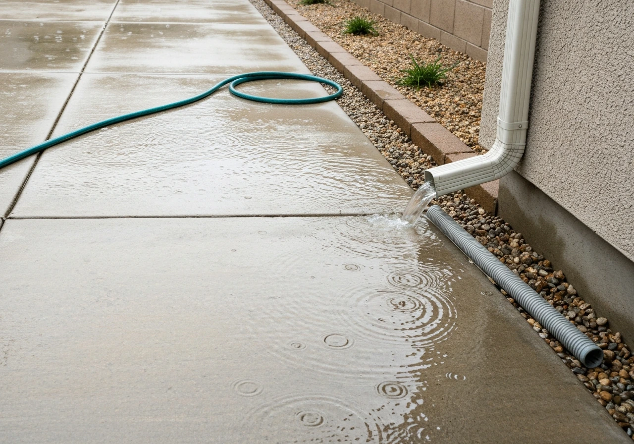 Rain-soaked patio side view with pooled water and a DIY drainage hose and gravel channel to reroute runoff
