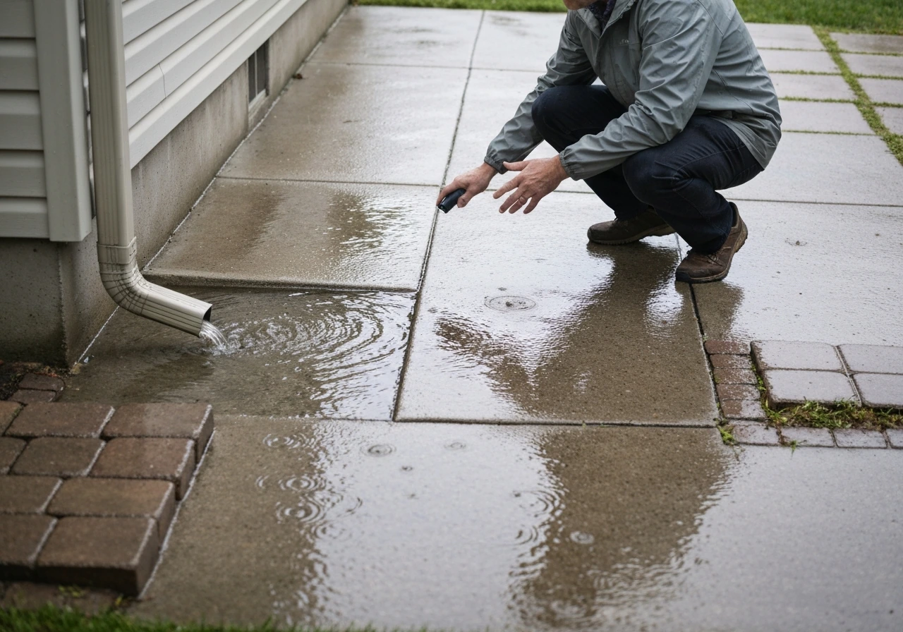 Homeowner crouches on patio edge right after rain, studying where pooled water flows.