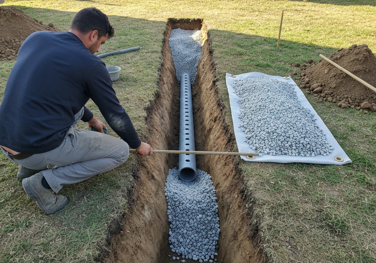 Worker installing a French drain trench with perforated pipe, gravel, fabric, and slope toward an outlet.