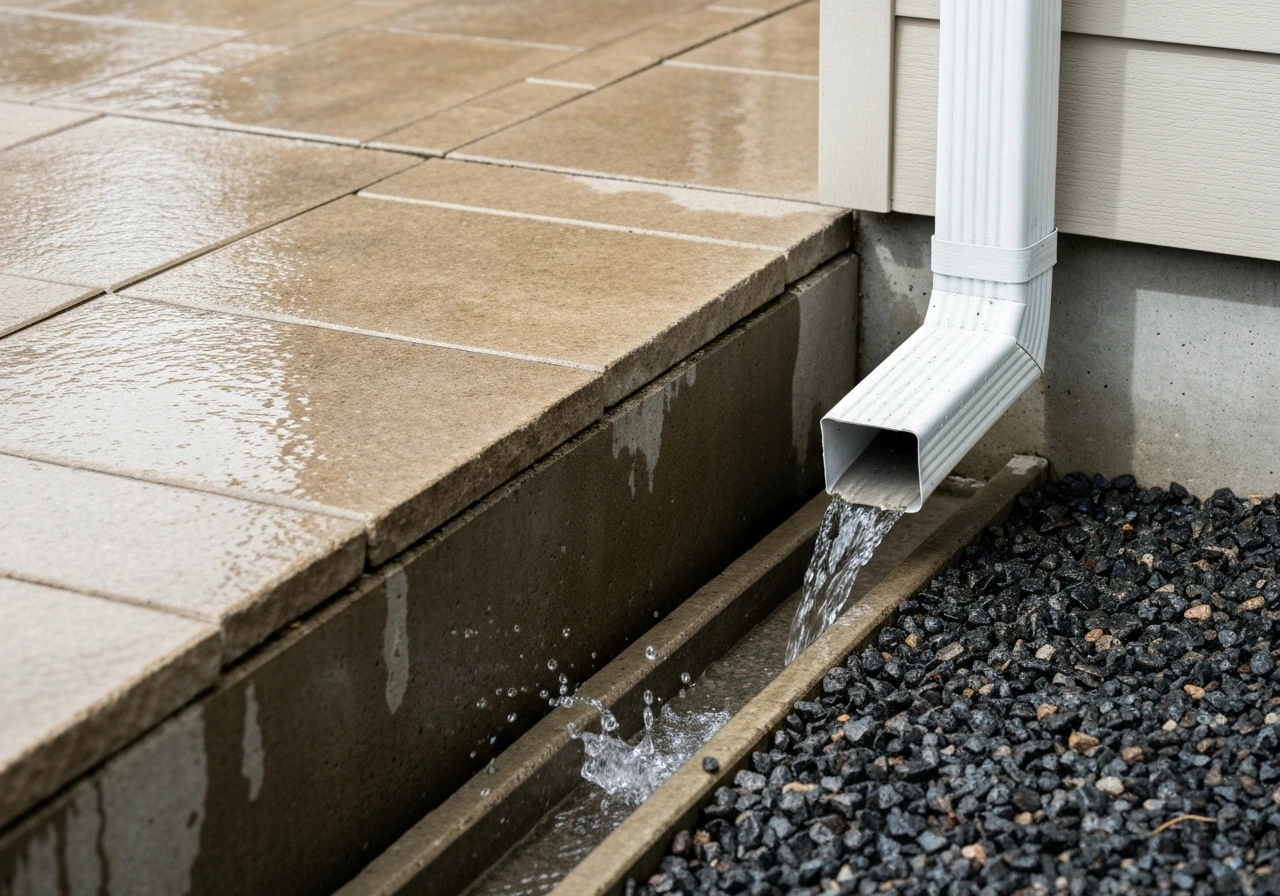 Patio downspout extension directing roof runoff into a concealed drainage channel