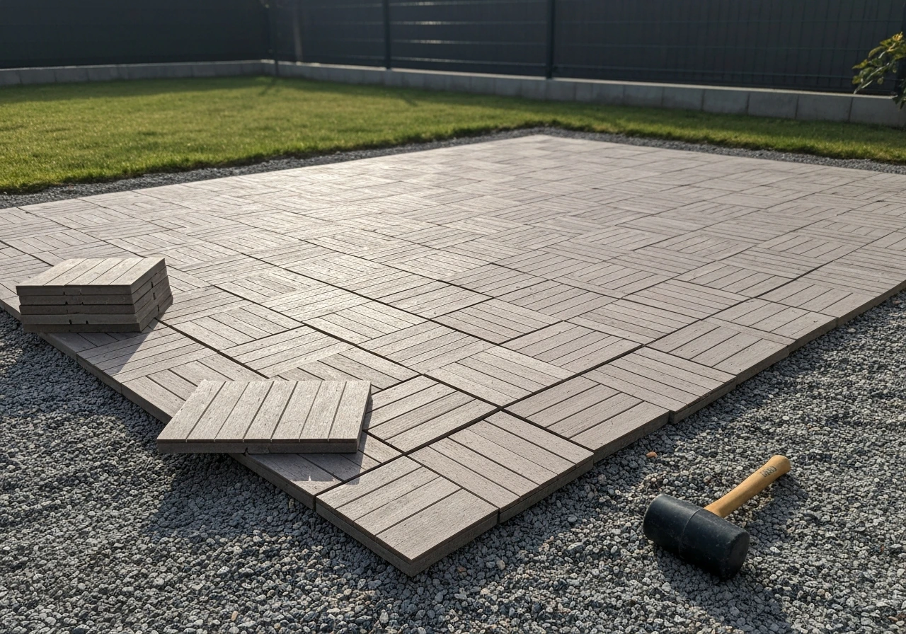 Interlocking deck tiles forming a temporary patio on gravel in a backyard, simple modular DIY setup