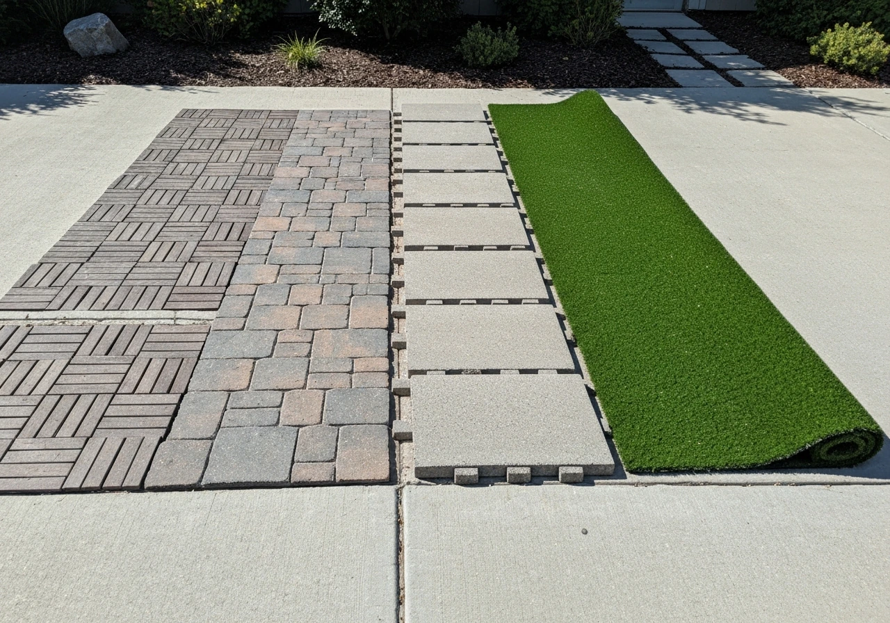 Minimal outdoor photo showing four temporary patio material options laid side-by-side on a driveway.
