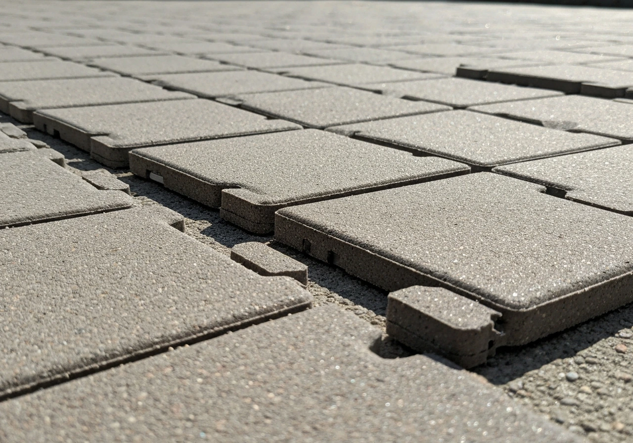 Snap-together plastic pavers on firm ground with visible interlocking edges and seams