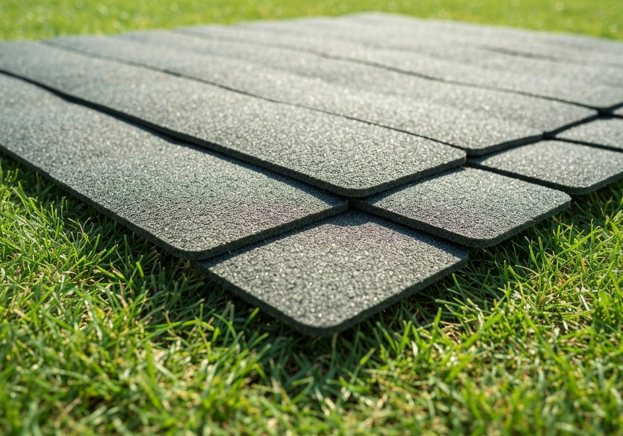 Portable turf mat system laid on green grass, showing layered decking panels for airflow and protection.