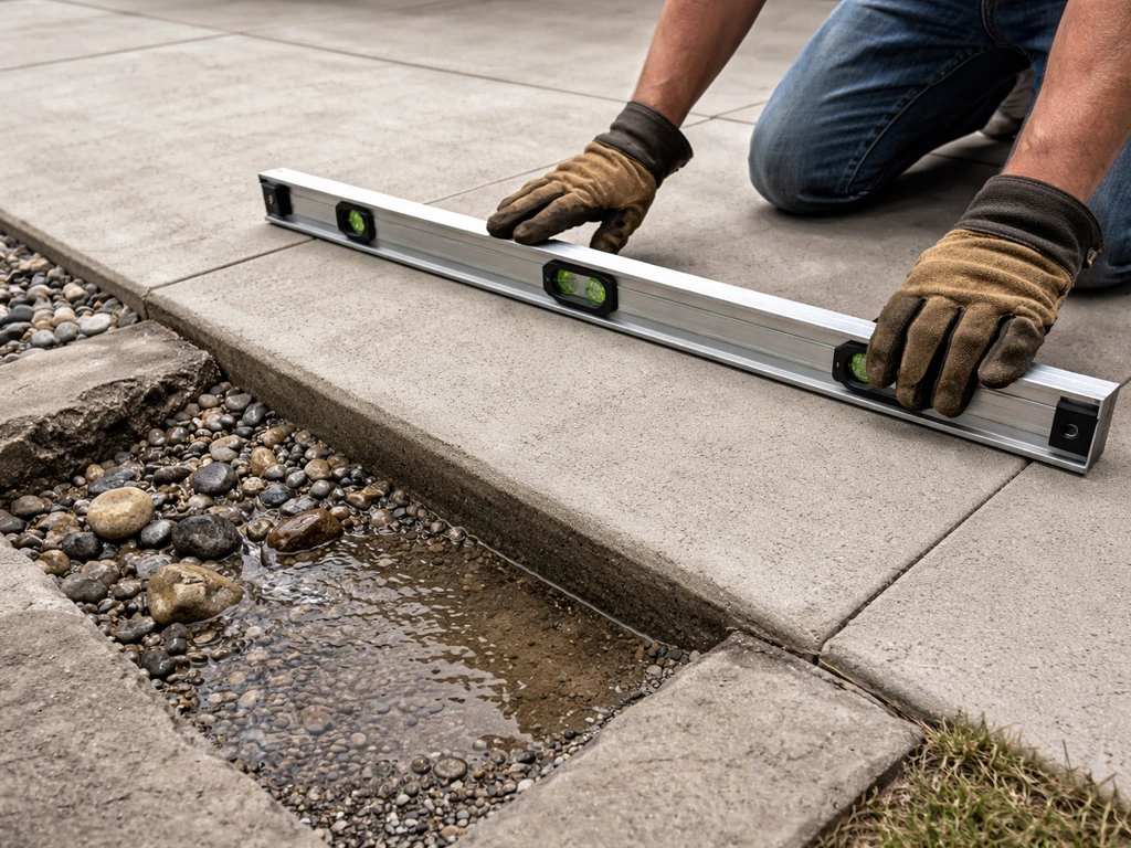 Worker tools on patio showing a level/straightedge beside a small runoff test spot with gravel.