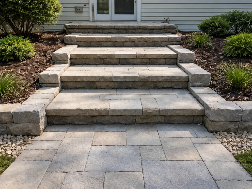 Finished concrete steps leading from a back door down to a patio with clear tread and rise.