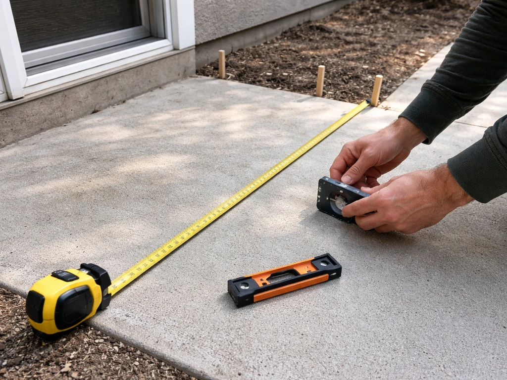Homeowner using tape measure and level to plan a back-door stair run on a driveway