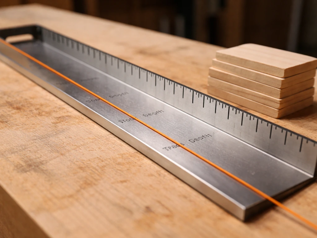 Close-up of a step gauge/ruler measuring riser height and tread depth against a string line