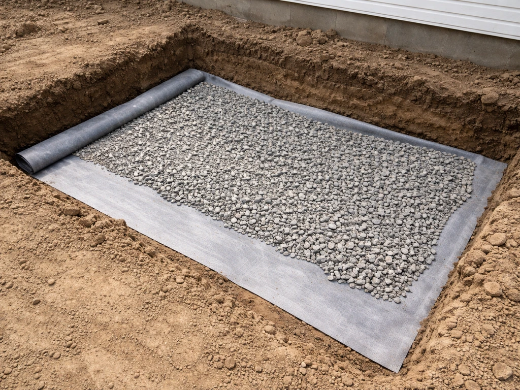 Geotextile fabric laid over compacted subgrade with layered gravel base in an exterior stair excavation footprint