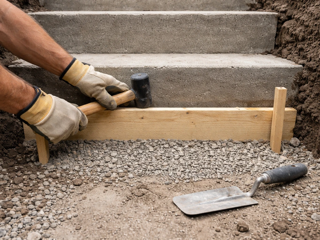 Contractor-style hands assembling a bottom riser/form and preparing a concrete step base on a simple outdoor site