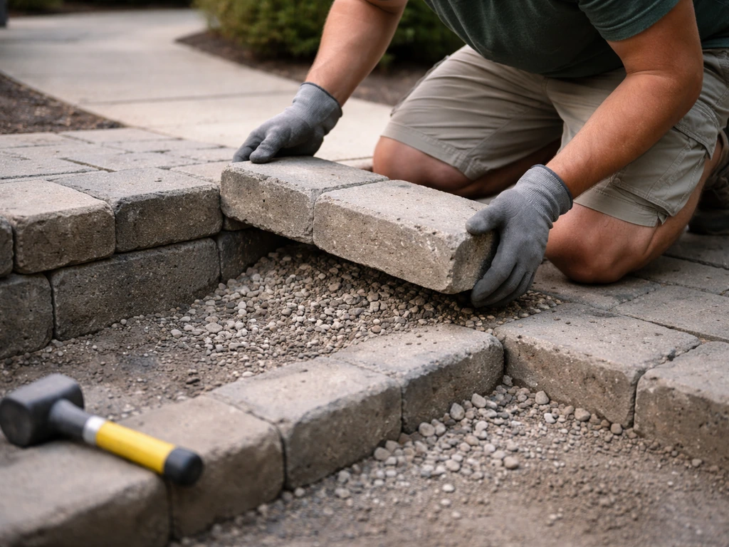 Anonymous worker leveling an uneven paver step, lifting a riser and adding compact base gravel.