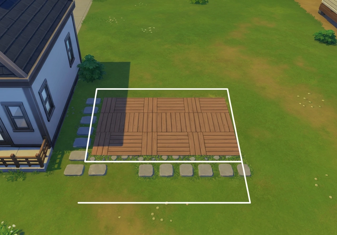 Top-down view of a Sims FreePlay home lot with a patio area visible in build mode, ready to delete.