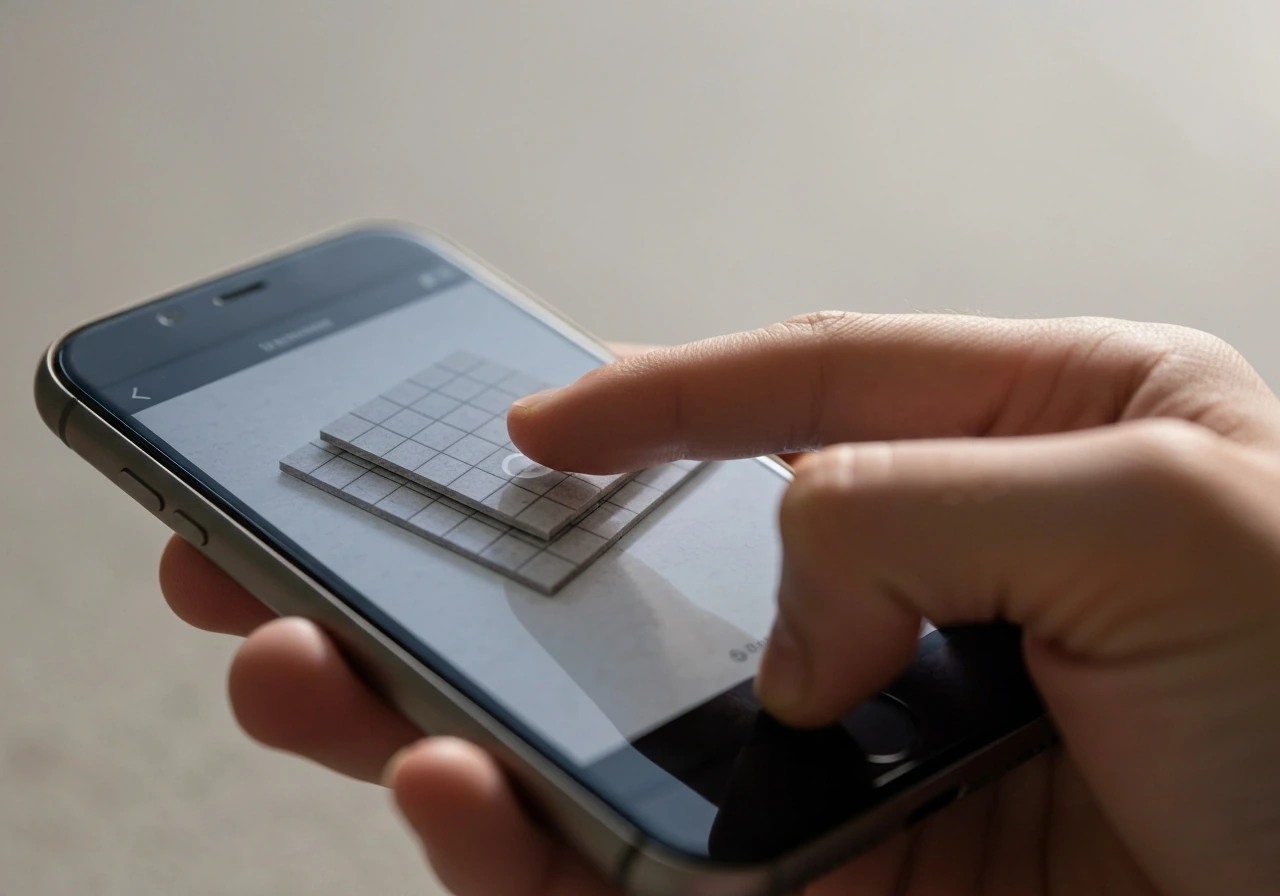 Close-up of a hand tapping the center of a patio area on a mobile screen