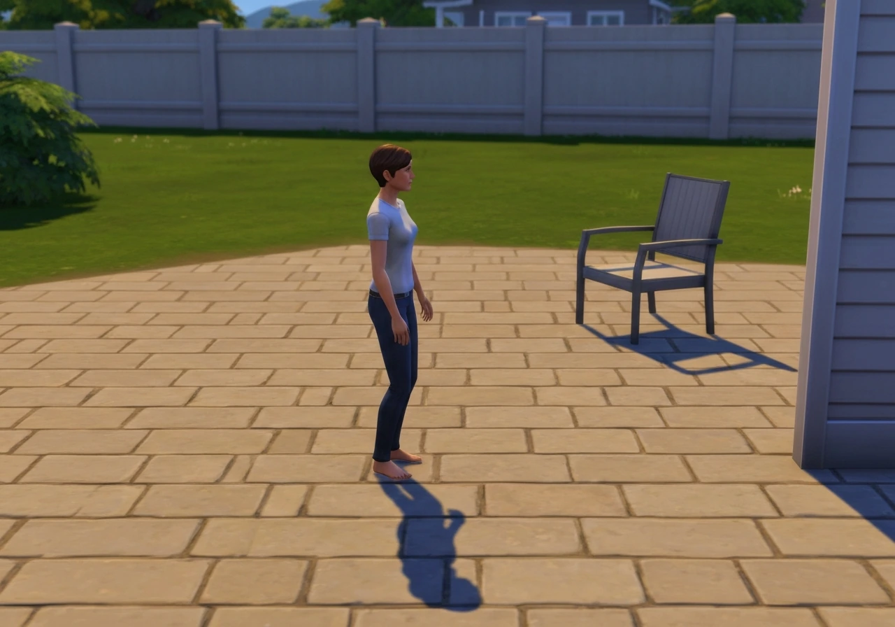 Anonymous Sim standing on an outdoor patio in a backyard, showing an occupied patio that can’t be removed.