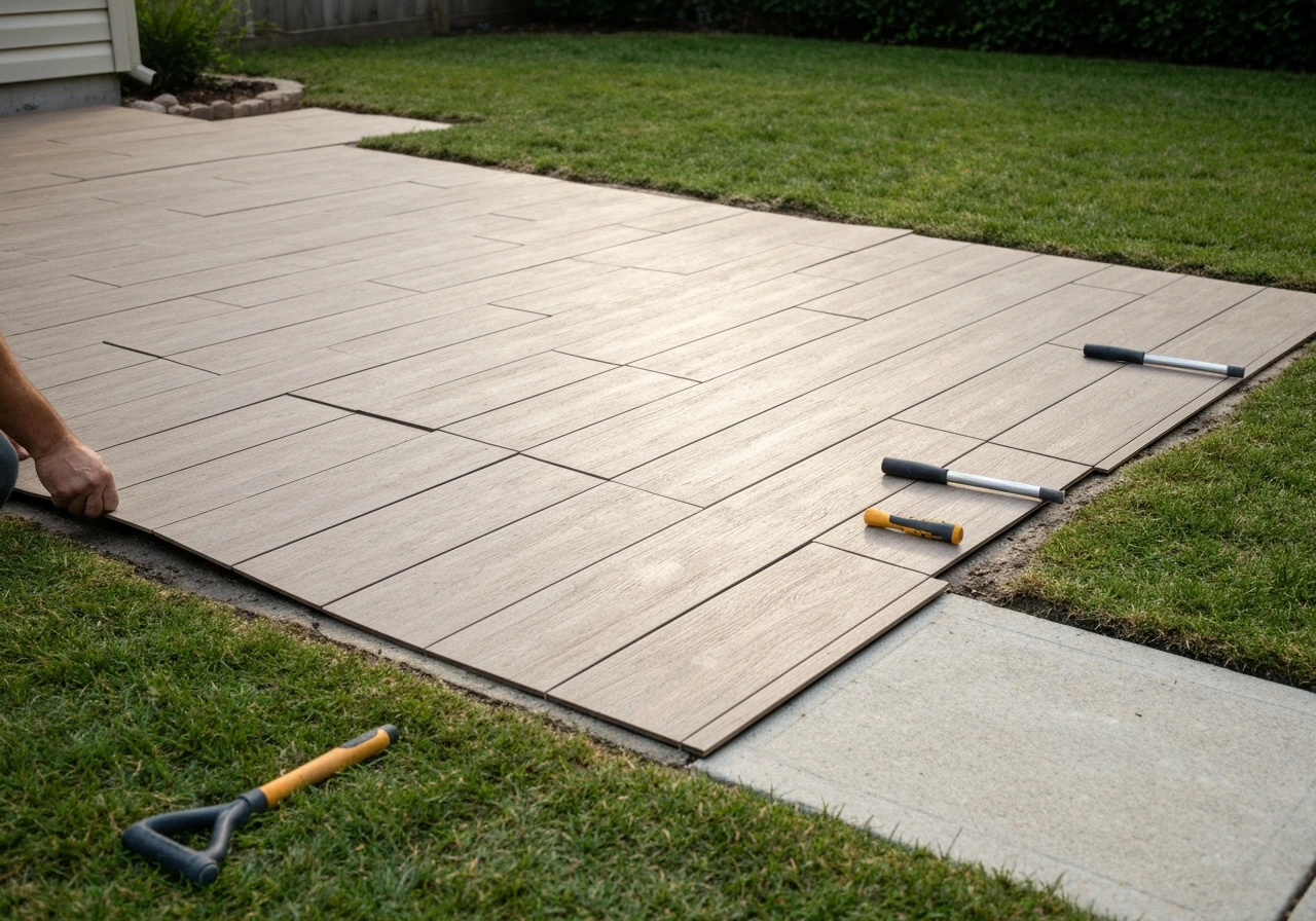 Hands adjusting outdoor flooring panels covering an existing patio area in a backyard.