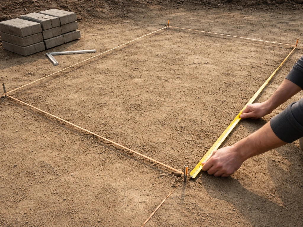Measuring tape and string lines laid out on bare ground for a simple rectangular patio layout