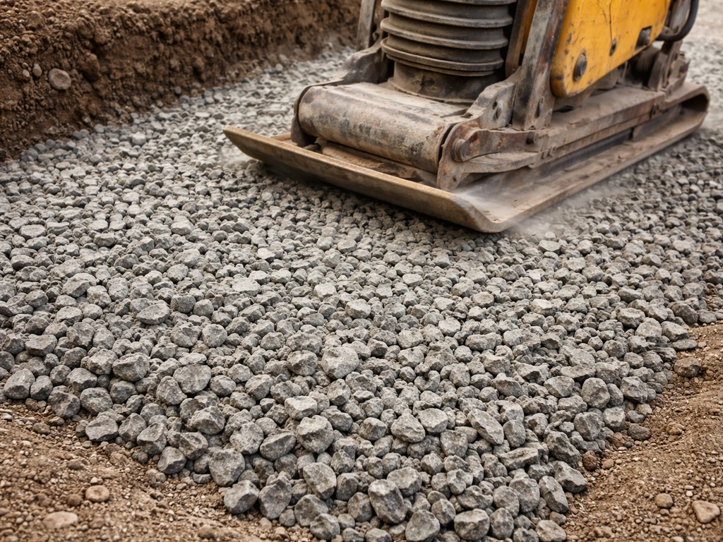 Angular crushed stone base being spread in a shallow layer and compacted with a plate compactor