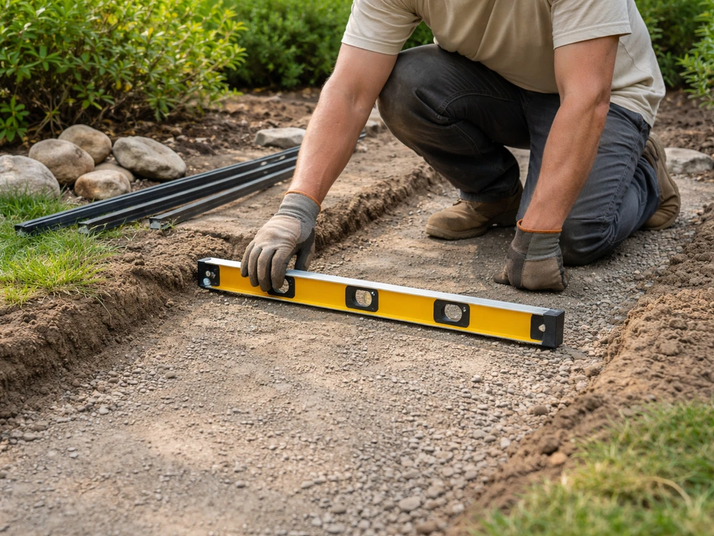 Installer kneels and checks drainage slope with a level on a compacted base outdoors.