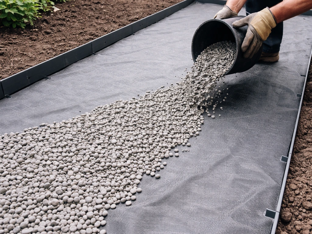 Gray pebbles being poured over a laid geotextile weed barrier on a patio base.
