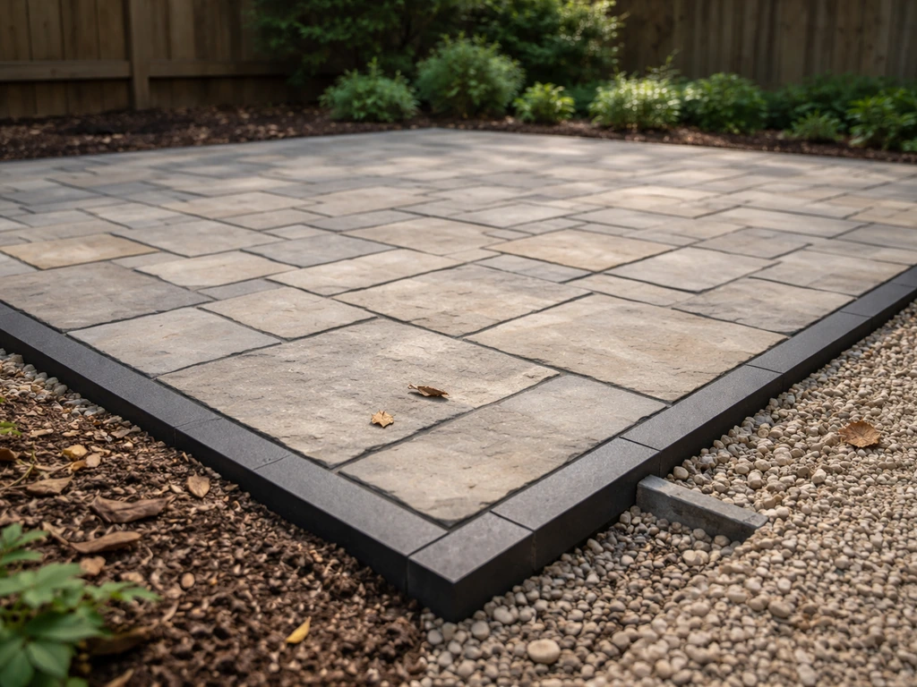 Finished DIY rock patio corner with clean edging and compacted gravel drainage detail.