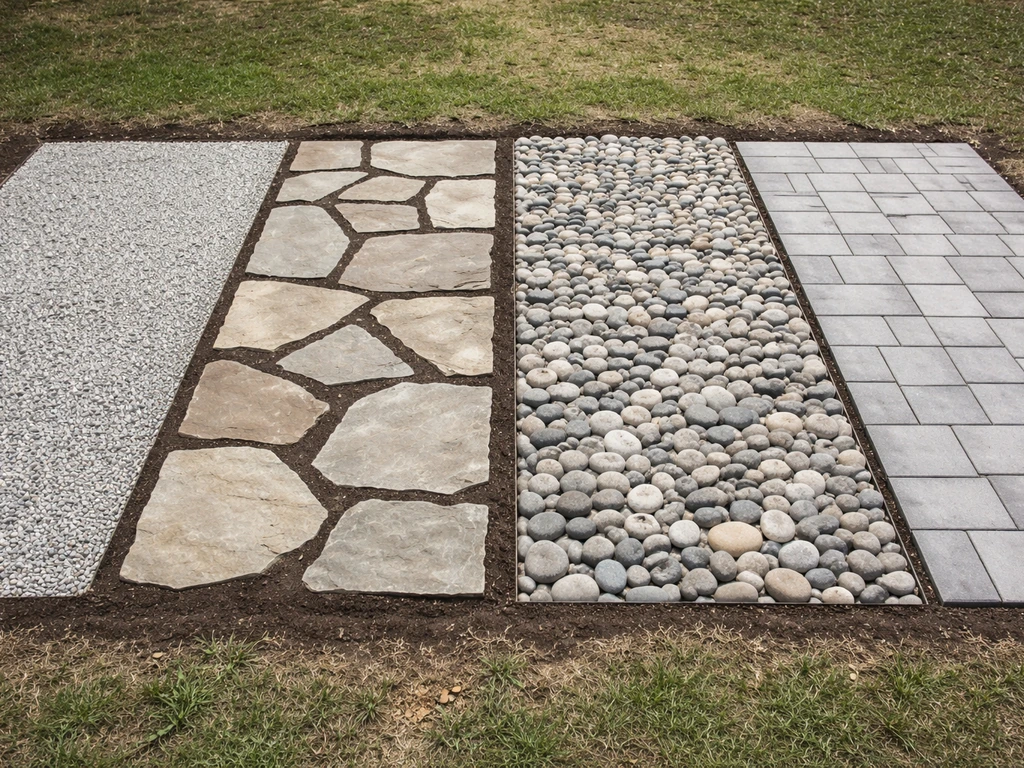 Outdoor yard with four side-by-side patio materials: pea gravel, flagstone, river rock, and pavers.