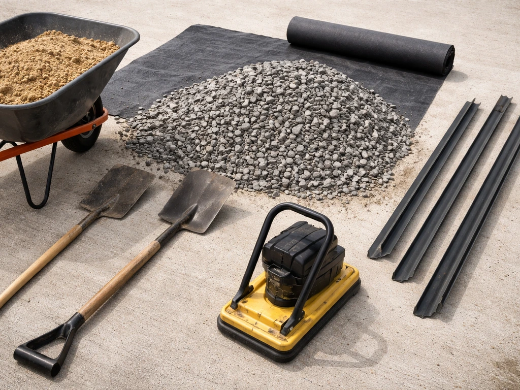 Closeup flat lay of crushed gravel, bedding sand, geotextile, edging, and DIY tools on concrete