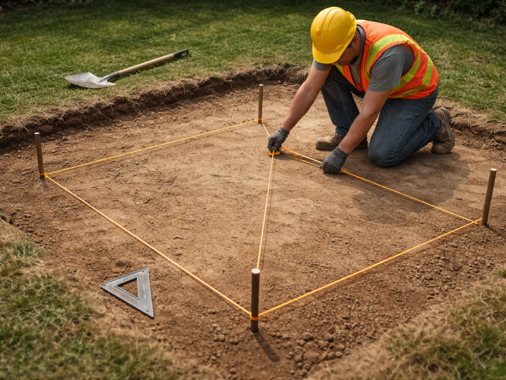 Home patio contractor marking a rectangular outline with taut string lines on bare ground