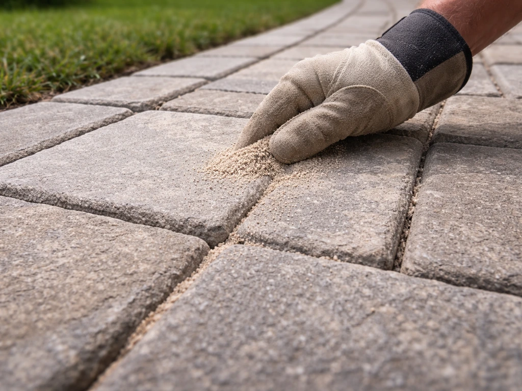 Closeup of flagstone placed in bedding sand with small joints, finished with swept sand along the edge