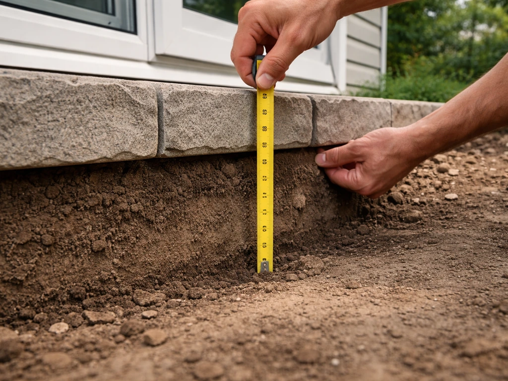 Tape measure shows patio threshold height down to planned ground grade in a clean yard cross-section view.