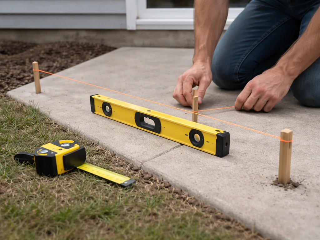 Hands align stakes, taut string line, tape measure, and a 4-foot level on a patio ground layout.