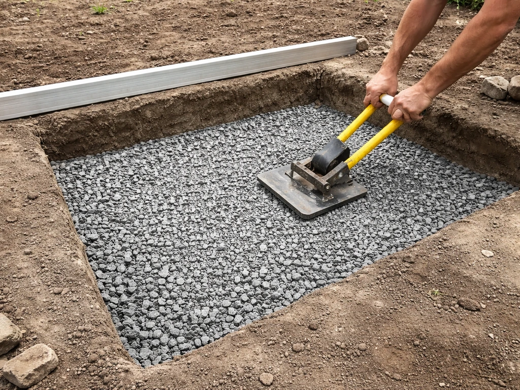 Contractor tamping compacted crushed stone subbase for patio steps, with straightedge level check