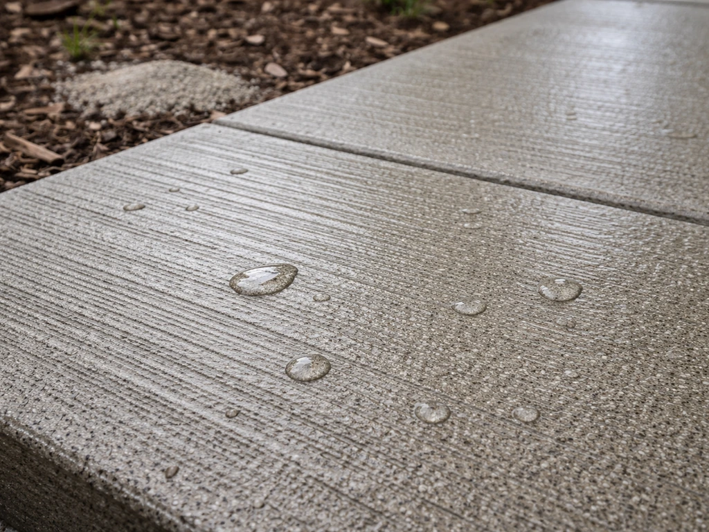 Wet broom-finished concrete with textured traction ridges, with a small amount of anti-slip grit nearby.