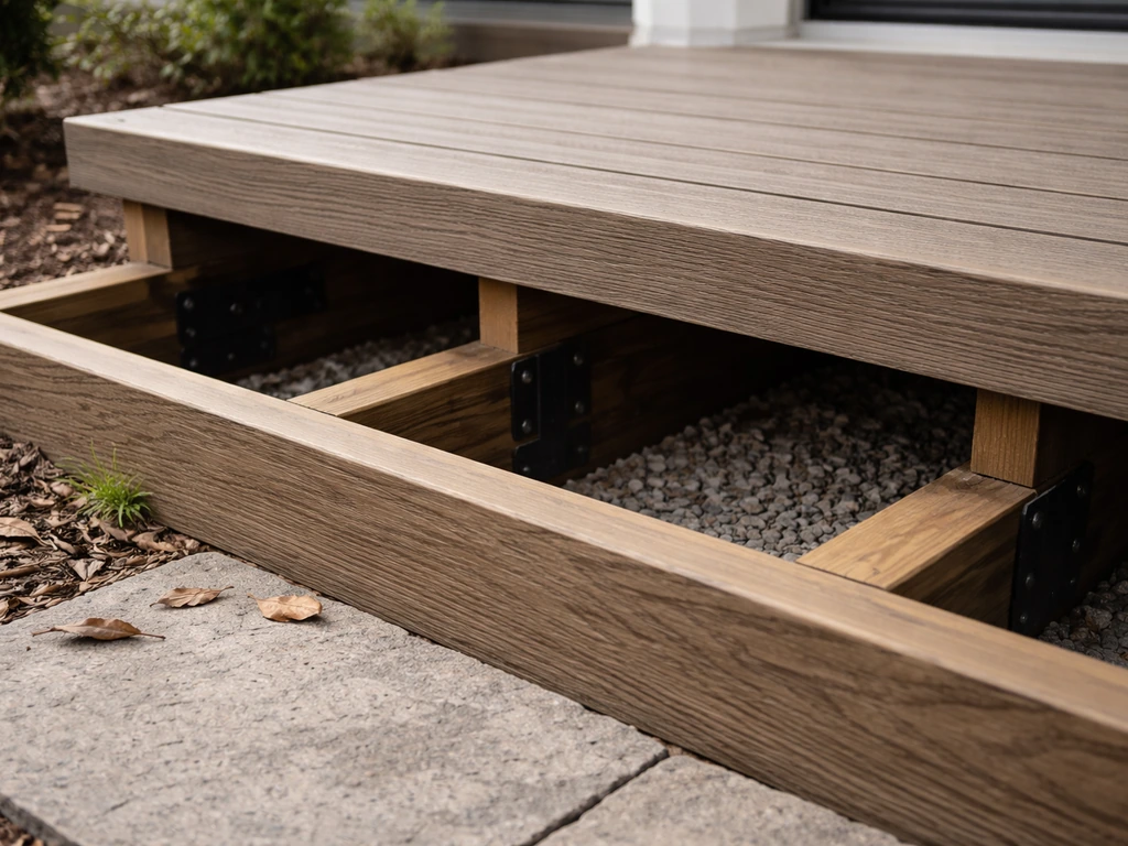 Close view of composite patio steps tread and exposed support stringers beneath, showing walking surface vs structure.