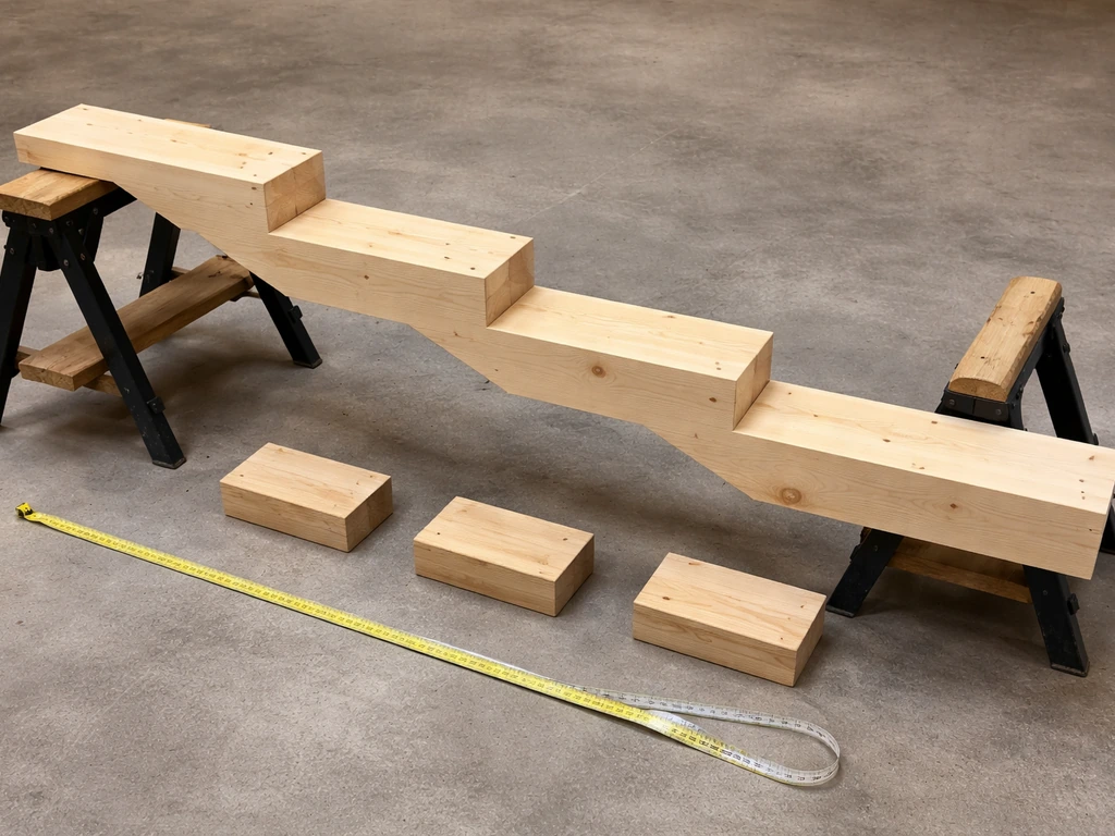 Side view of a wooden stringer with three evenly spaced step notches marking a 21-inch rise layout.