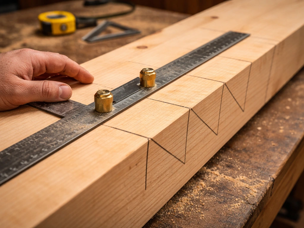 Framing square with stair gauges locked to rise/run on a 2x12 stringer, marking step notches on a workbench.