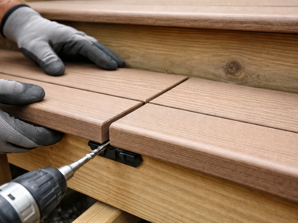 Close-up of TREX-style deck boards being fastened with correct gap and front nosing overhang