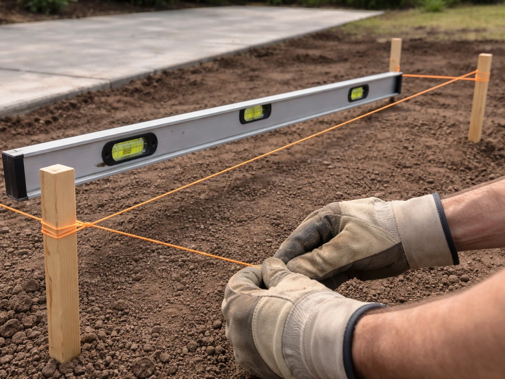 Hands adjust string lines on stakes beside a long spirit level on a patio layout.
