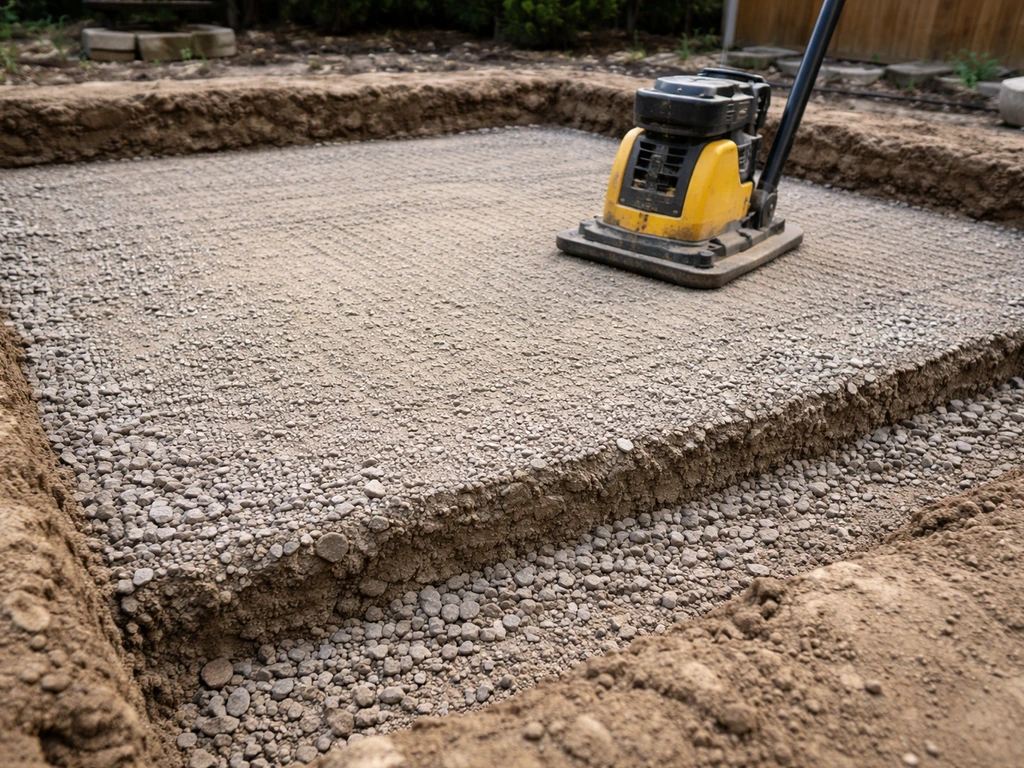 Excavated patio base with layered subbase stone and a compactor showing repeating compaction marks.
