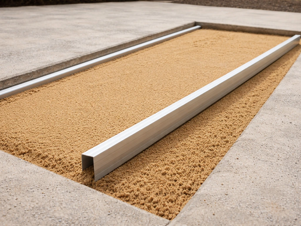 Close-up of coarse bedding sand leveled with a screed straightedge on two set rails for pavers.