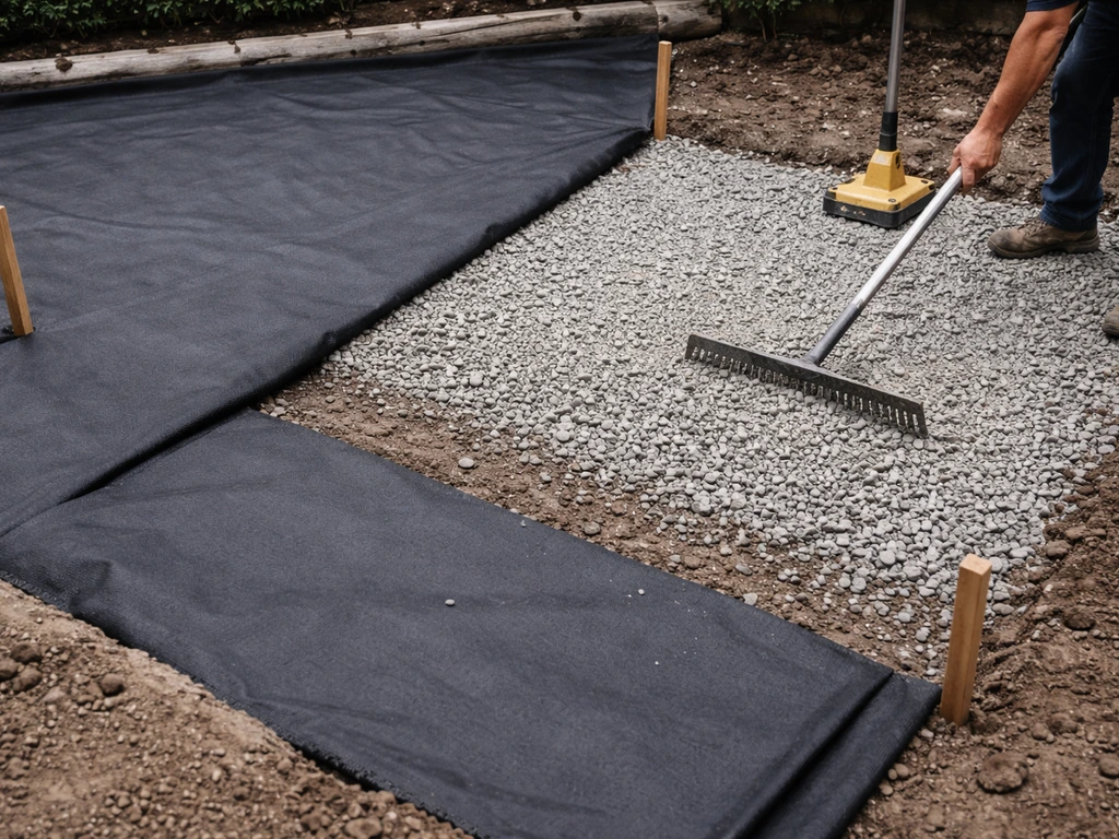 Worker spreading geotextile fabric and compacted crushed stone on a gravel patio base.