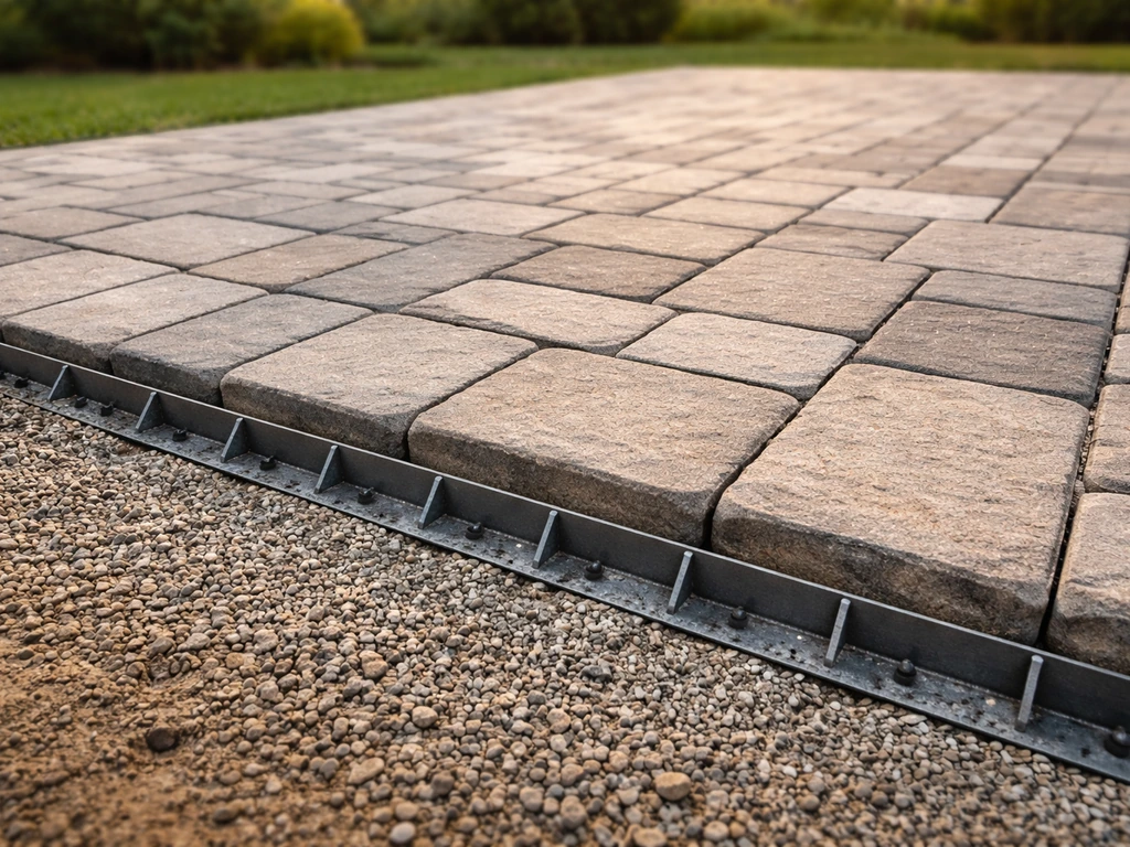 Completed paver patio with installed aluminum edge restraints along the border