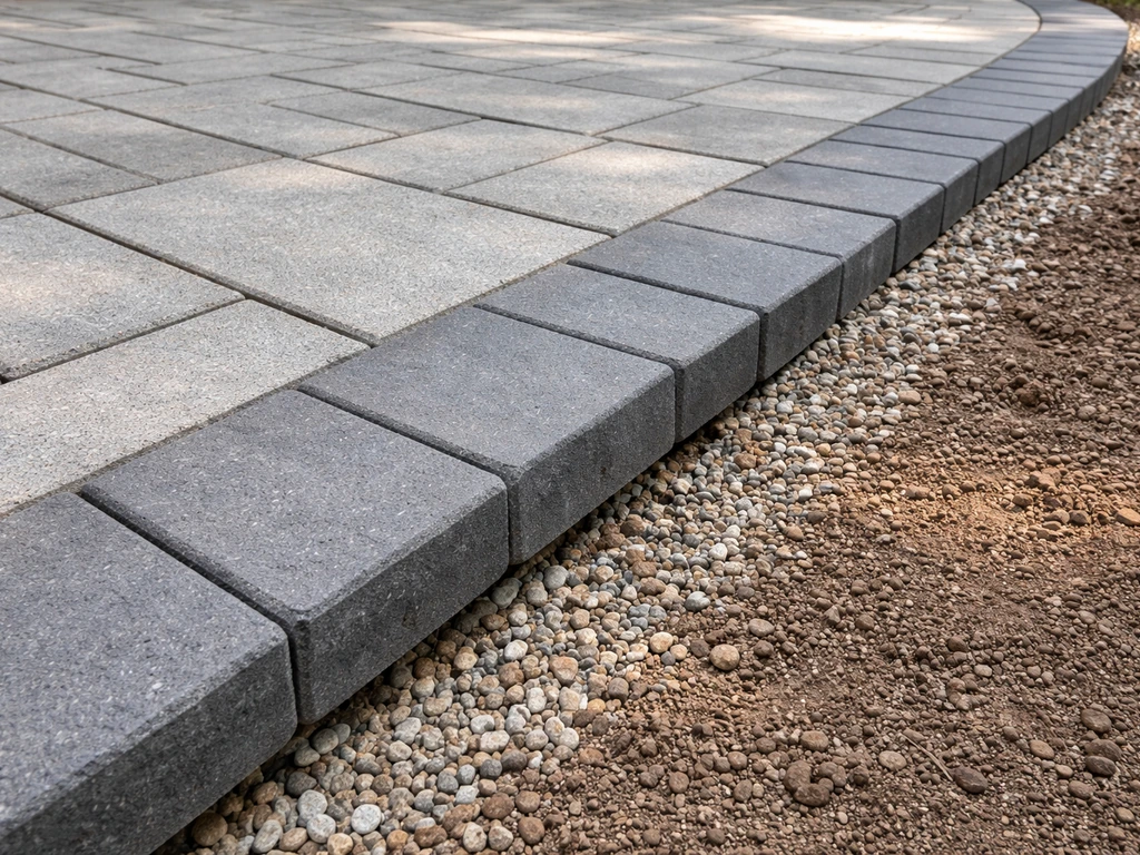Neatly edged patio perimeter with crisp border line, clean joints, and uniform bedding along a curved corner.