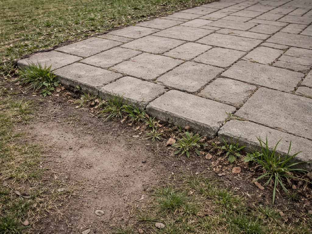 Unedged patio pavers with gaps, shifted stones, and weeds growing along the borderless edge.