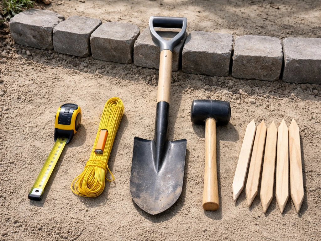 Tools for installing a paver border neatly laid out: tape measure, mason’s line/level, edging spade, mallet, stakes.