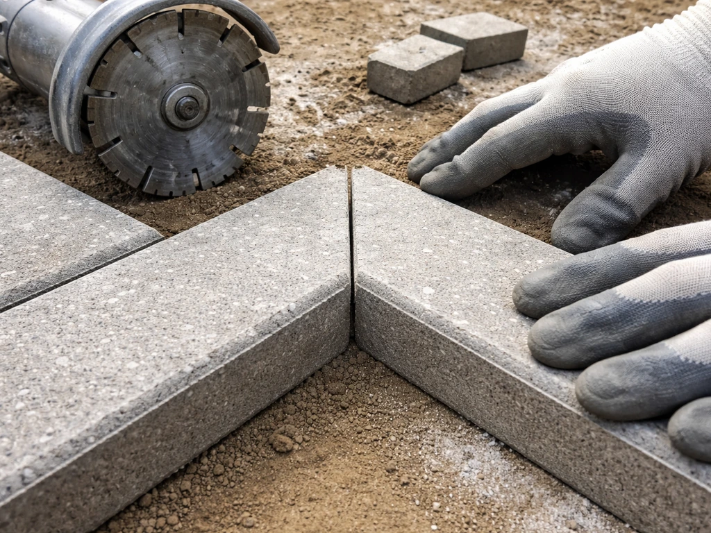 Hands dry-fit mitred paver edging corner cut at 45 degrees with a diamond blade saw