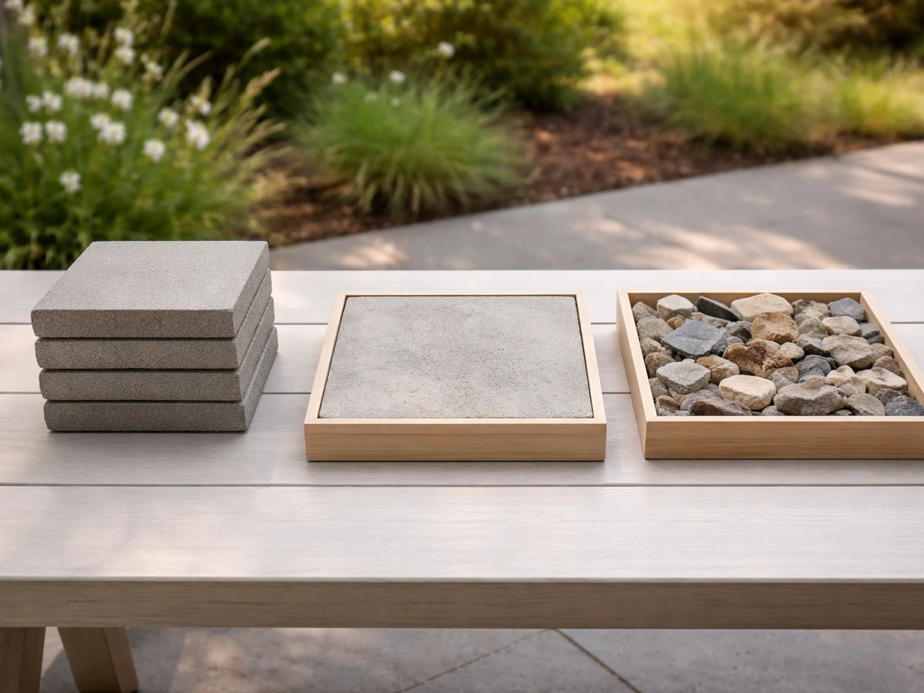 Three patio material samples side-by-side: concrete pavers, poured concrete, and stone pieces.