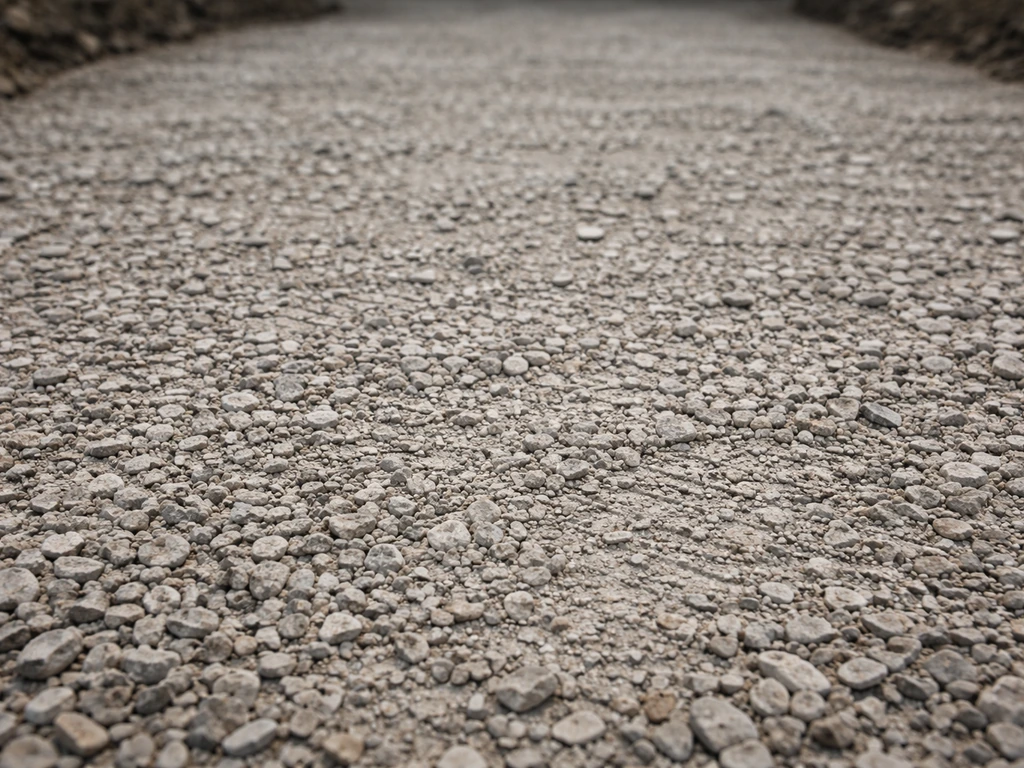 Close-up of compacted crushed-stone gravel base in shallow lifts after plate compaction